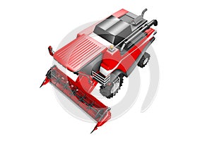 Industrial 3D illustration of huge cg red grain agricultural harvester top view isolated on white