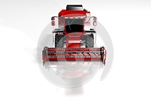 Industrial 3D illustration of huge cg red rural combine harvester front top view with reflection on white, mockup with place for