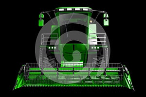 Industrial 3D illustration of huge modern green grain agricultural combine harvester front view isolated on black