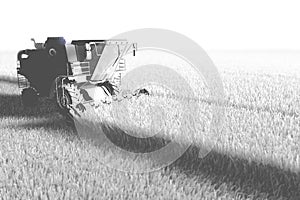 Industrial 3D illustration of large grain combine harvester working on field rendered in white color for using in design