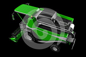 Industrial 3D illustration of large modern green wheat agricultural combine harvester side view isolated on black