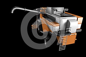 Industrial 3D illustration of large rendered orange farm agricultural combine harvester with harvest pipe detached top rear view