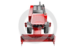 Industrial 3D illustration of large rendered red grain combine harvester top view isolated on white