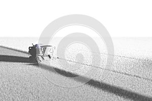 Industrial 3D illustration of large rural combine harvester working on field rendered in white color for using in design