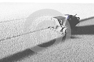 Industrial 3D illustration of large rural harvester working on field rendered in white color for using in design