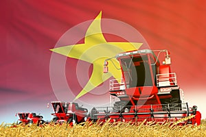 Industrial 3D illustration of red grain agricultural combine harvester on field with Vietnam flag background, food industry