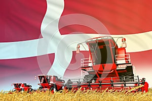 industrial 3D illustration of red rural agricultural combine harvester on field with Denmark flag background, food industry