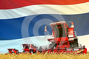 Industrial 3D illustration of red rural agricultural combine harvester on field with Thailand flag background, food industry