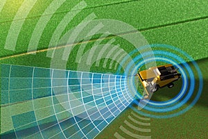 Industrial 3D illustration of Self driving, unmanned, autonomous grain harvester working in field - farming equipment future