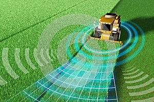Industrial 3D illustration of Self driving, unmanned, autonomous rye harvester working in field - agriculture equipment future