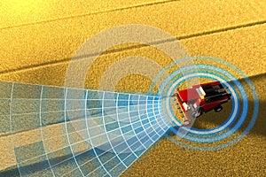 Industrial 3D illustration of Self driving, unmanned, autonomous wheat harvester working in field - agricultural equipment future