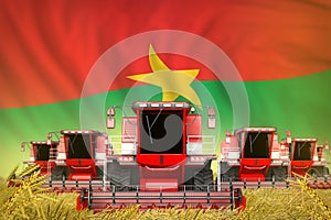 industrial 3D illustration of some red farming combine harvesters on rural field with Burkina Faso flag background - front view,