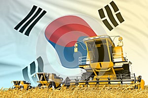 Industrial 3D illustration of yellow grain agricultural combine harvester on field with Republic of Korea South Korea flag