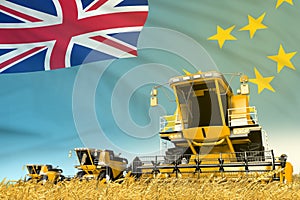 Industrial 3D illustration of yellow rural agricultural combine harvester on field with Tuvalu flag background, food industry