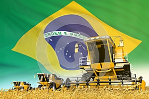 Industrial 3D illustration of yellow wheat agricultural combine harvester on field with Brazil flag background, food industry