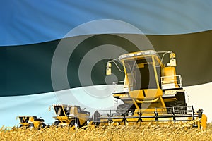 Industrial 3D illustration of yellow wheat agricultural combine harvester on field with Estonia flag background, food industry