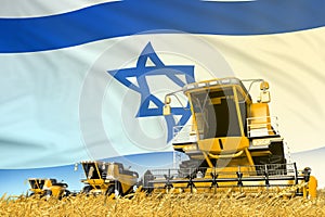 Industrial 3D illustration of yellow wheat agricultural combine harvester on field with Israel flag background, food industry