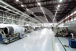 Industrial Aerospace Assembly Facility with Jet Engines and Parts