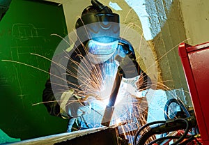 industrial arc welding work at factory.