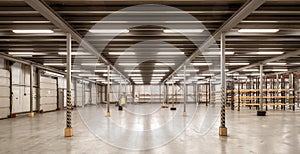 Interior of huge empty storehouse. Industrial warehouse racking.