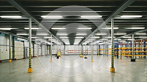Interior of huge empty storehouse. Industrial warehouse racking.