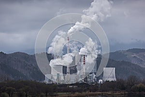 Industrial area, a coal fired power plant chimneys, aerial shot