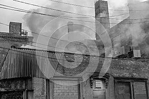 Industrial area in New York City`s Williamsburg neighborhood in Brooklyn, in black & white