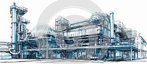 Industrial area with steel infrastructure on white background, Double exposure, blueprint, blue drawing
