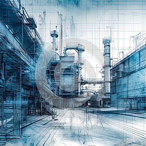 Industrial area with steel infrastructure on white background, Double exposure, blueprint, blue drawing