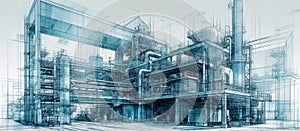 Industrial area with steel infrastructure on white background, Double exposure, blueprint, blue drawing.