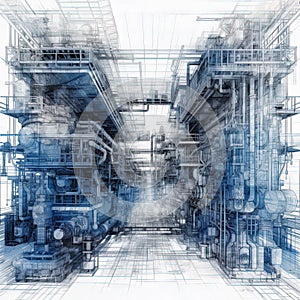 Industrial area with steel infrastructure on white background, Double exposure, blueprint, blue drawing