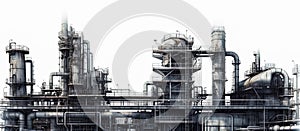 Industrial area with steel infrastructure on white background, Double exposure. Technical black and white drawing