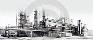 Industrial area with steel infrastructure on white background, Double exposure. Technical black and white drawing