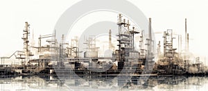 Industrial area with steel infrastructure on white background, Double exposure. Technical black and white drawing