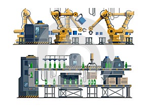 Industrial assembly line. Automated conveyor. Electronic technical equipment in factory, robotic hands packaging