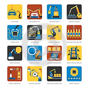 Industrial Assembly Line Flat Icons Set