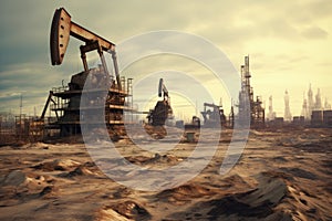 Industrial atmosphere with a formidable oil pump rig dominating the landscape