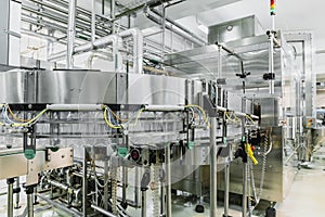 Industrial automated machine in beverage plant interior, industry equipment on food factory