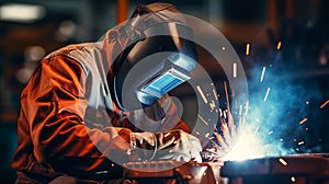 Industrial background - closeup of man in workwear welding, AI