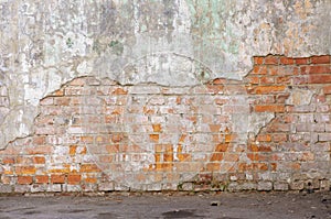 Industrial background, empty grunge urban street with warehouse brick wall. Background of old vintage dirty brick wall photo