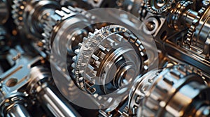 Industrial background. Engine gears and wheels, detailed mechanical assembly showcasing various sizes and types of metal gears