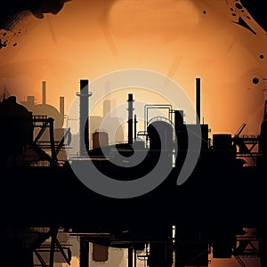 Industrial background, factory with pipes, buildings and towers against sunset background, backlighting