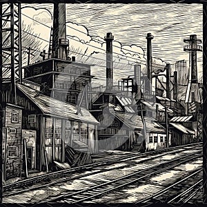 Industrial background, factory with pipes, buildings and towers, black and white drawing, retro engraving