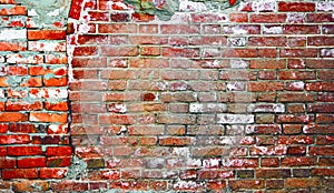 Industrial background. Weathered red brick wall of two parts. Empty grunge urban street warehouse brick wall