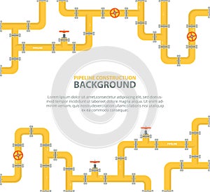 Industrial background with yellow pipeline. Oil, water or gas pipeline with fittings and valves.