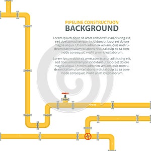 Industrial background with yellow pipeline. Oil, water or gas pipeline with fittings and valves.