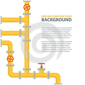 Industrial background with yellow pipeline. Oil, water or gas pipeline with fittings and valves.