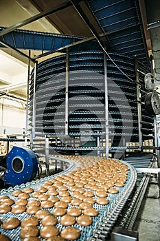 Industrial baking food factory interior with conveyor line or belt. Bakery workshop, cake and cookie production process