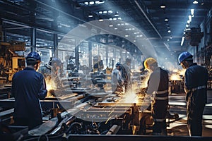 Industrial Ballet: Workers in Sync Amidst Machines and Sparks. Generative AI