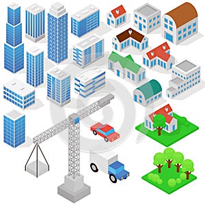 Industrial based on isometric projection of a three-dimensional houses, buildings, cranes, cars and other design